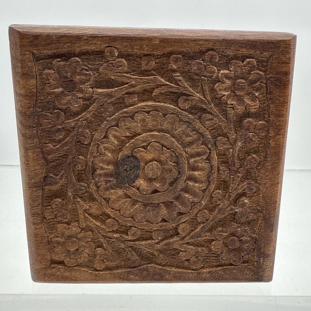 Vintage Wooden Hand Carved Floral Square Trinket Jewelry Box 4 X 4